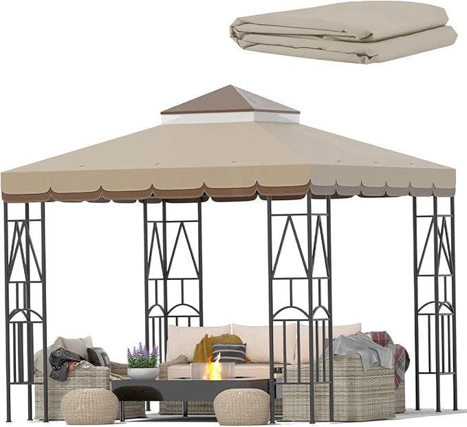 10x10 Canopy Replacement Top Double Tiered Gazebo Cover for Yard, Patio & Garden Durable Sunshade Replacement (Coffee Liqueur+Brown with lace) Rootora