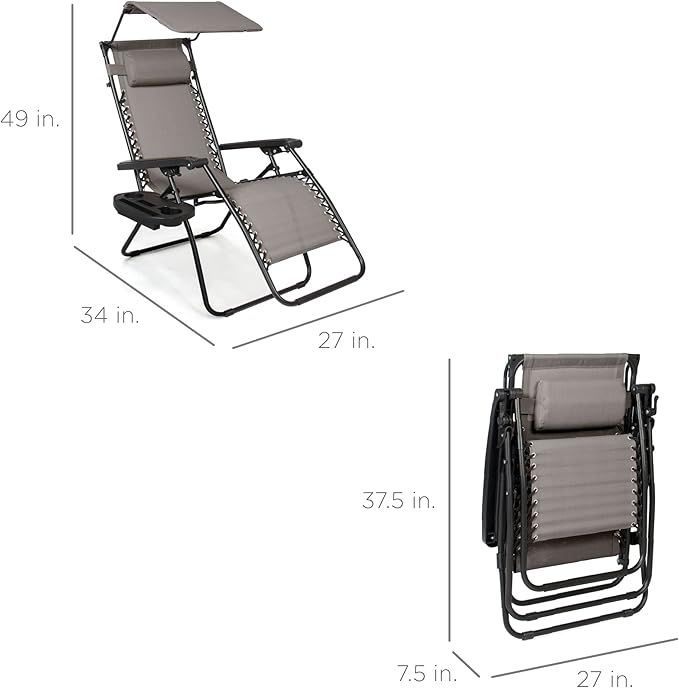 Best Choice Products Folding Zero Gravity Outdoor Recliner Patio Lounge Chair w/Adjustable Canopy Shade, Headrest, Side Accessory Tray, Textilene Mesh - Ice Gray BestChoiceProducts