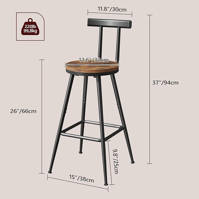 Bar Stools, Set of 2 Bar Chairs with Backrest and Footrest, 26" Tall Counter Stools, Metal Frame, Adjustable Feet, Easy Assembly, for Kitchen, Living Room, Pub, Rustic Brown BAHR6001 MAHANCRIS