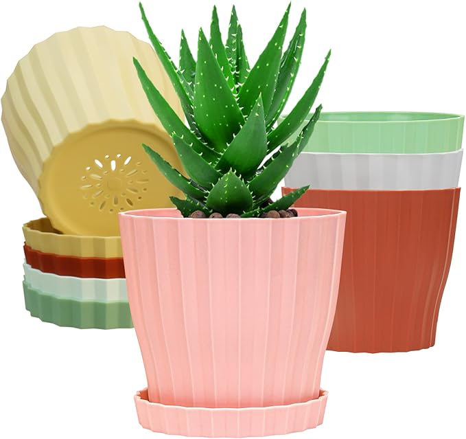 6 inch Flower Pots for Plants with Drainage Holes and Saucer, 5 Pack Plastic Plant Pots Indoor Planters for Outdoor Plants Small Garden House Home Decor, Nursery Pots for Succulent Colorful KAHEAUM