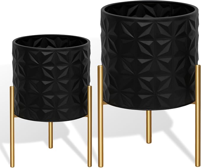 ARNIS Modern Planter Pots, Set of 2 Large Planters with Stand, Decorative Planters, Metal Pots with Drainage Holes for Living Room, Office, Garden or Balcony, 8.25 &10.5 Inch, Matte Black ARNIS