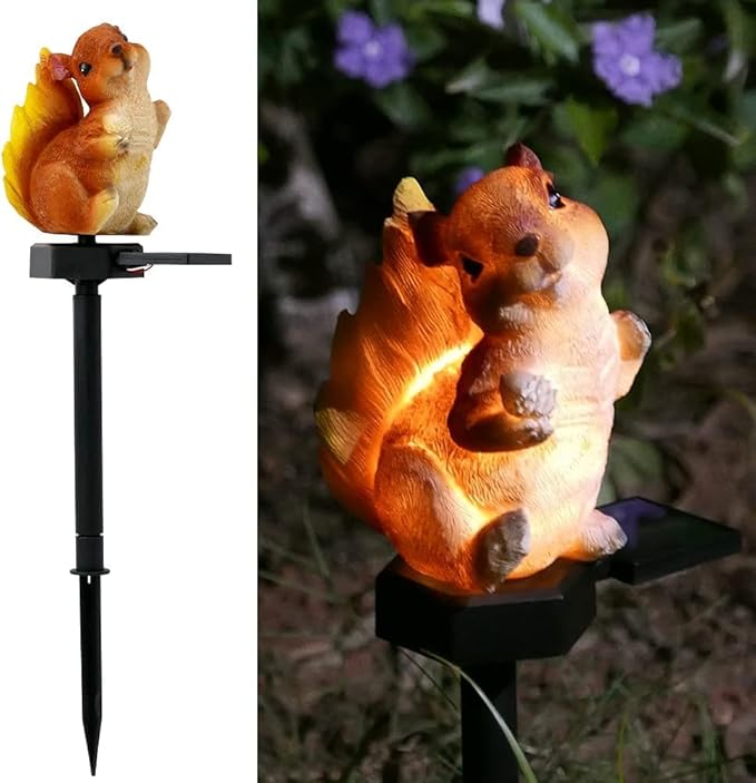 Squirrel Garden Decor Solar Lights Outdoor Decoration Pathway Stakes Decorative Statue Patio Yard Lawn Porch Cute Animal Figurines Resin Ornaments Waterproof Housewarming Gift Juliahestia