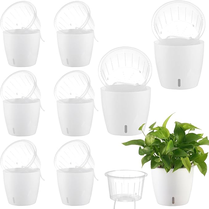 Self-Watering Pots for Indoor Plants, 8-Pack 6.7'' Self Watering Planter with Drainage Holes, Small African Violet Pots with Water Indicator, Clear Wick Pot, White KvyusFlourish