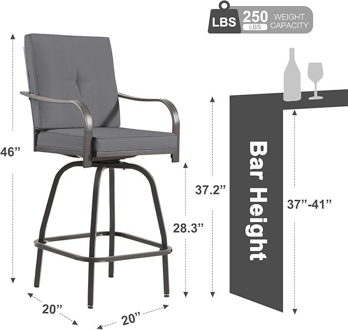 Patio Swivel Bar Stools Set of 4, Outdoor Bar Height Swivel Chairs with Cushions for Garden Balcony Backyard, Grey STRPRETTYBASIC
