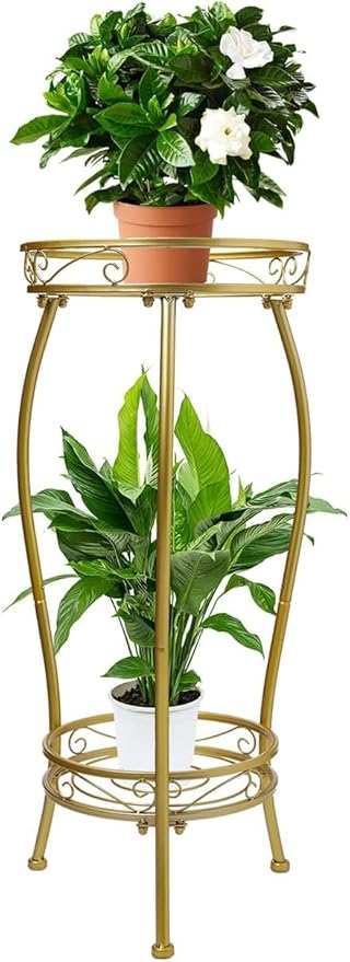 Plant Stand Indoor Outdoor 2 Tier 27'' Tall Metal Potted Rack Flower Pot Stand Heavy Duty Rustproof Iron Multiple Plant Supports for Garden Balcony Patio (Golden) LOYALTIGER