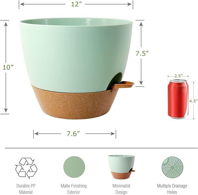 12 inch Large Self Watering Pots, Plastic Planters with 60oZ Removable Deep Reservoir and Multi Mesh Drainage Holes for Indoor Outdoor Garden Plants and Flowers, Green with Brown UOUZ