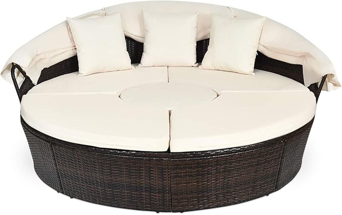 Tangkula Patio Round Daybed with Retractable Canopy, Outdoor Wicker Rattan Furniture Sets, Sectional Cushioned Sofa Set w/Height Adjustable Coffee Table, Rattan Conversation Sets (Beige) TANGKULA
