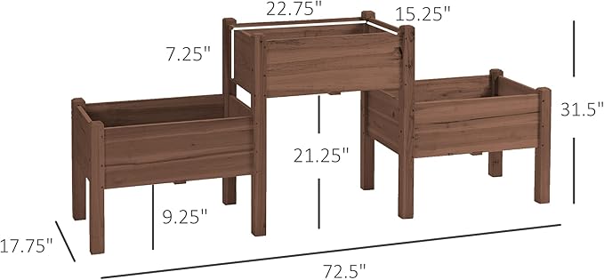 Outsunny Raised Garden Bed with 3 Planter Box, Elevated Wooden Plant Stand with Drainage Holes, for Vegetables, Herb and Flowers, Coffee Outsunny