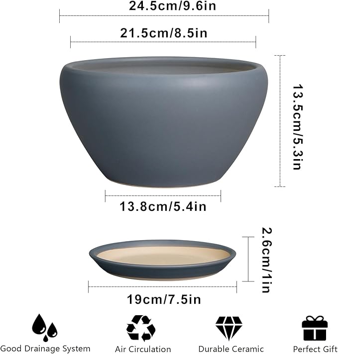 Ceramic Pots for Plants - 9 Inch Planter for Outdoor Plants Large Plant Pot Indoor with Drainage Hole and Saucer Decorative Modern Flower Pot for Home Garden Decor Gray Ceramicfor