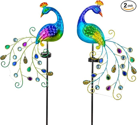 DREAMSOUL 2 Pack Peacock Solar Lights Outdoor, Waterproof Metal Peacock Outdoor Solar Lights for Yards Pathway Lawn Decoration Peacock Gifts DREAMSOUL