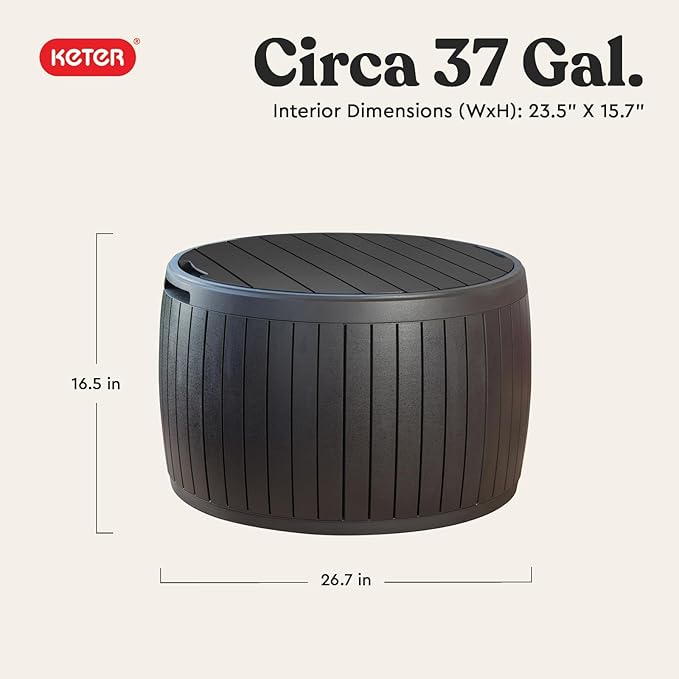 Keter Circa 37 Gallon Deck Box Organizer, Works as Ottoman Chair or Side Table, Brown – Large Resin Round Outdoor Storage and Seating for Garden, Pool, and Patio Keter