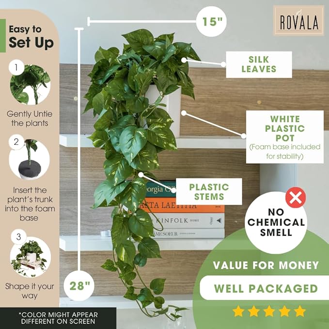 MY ROVALA Silk Plants for Home Decor Indoor in Pot Realistic Artificial Plants Hanging Faux Plants Indoor Fake Potted Plants for Shelves Bedroom Bathroom Trailing Plant, Fake Pothos Ivy (Dark Green) ROVALA
