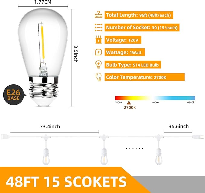 96FT(48×2) Outdoor String Lights, Commercial Grade Heavy Duty White Wire Patio Light with Dimmable S14 Shatterproof LED Bulbs, Linkable Waterproof Bistro Lights for Outside Deck Backyard Cafe Market Lakumu