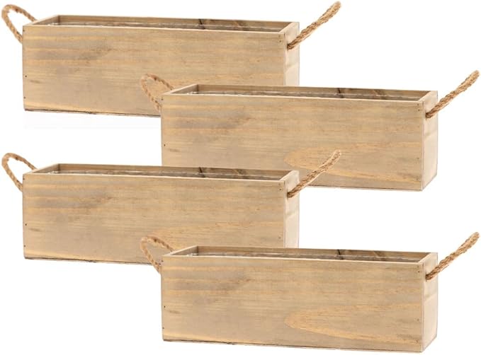 Wooden Planter Box with Handle I Rustic Barn Wood, Plastic Liner l Garden Decor l Restaurant and Wedding Decorations l Wedding Table Centerpiece (12x4 w Handle Set of 4, Natural) Rootora
