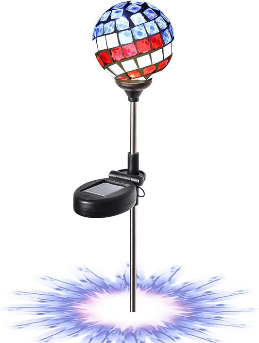 WNP Solar Powered Outdoor Garden Light Stakes Decoration, Mosaic Globe 4th of July Stake Solar Light for Patio Pathway Yard Decor, Waterproof Solar Glow Glass Ball Lights WNPMakeYourLifeBeautiful
