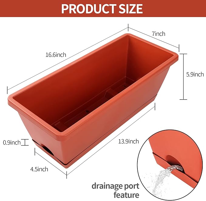 Window Box Planter, 12 Pack Plastic Vegetable Flower Planters Boxes 17 Inches Rectangular Flower Pots with Saucers for Indoor Outdoor Garden, Patio, Home Decor (Brick red) CHUKEMAOYI