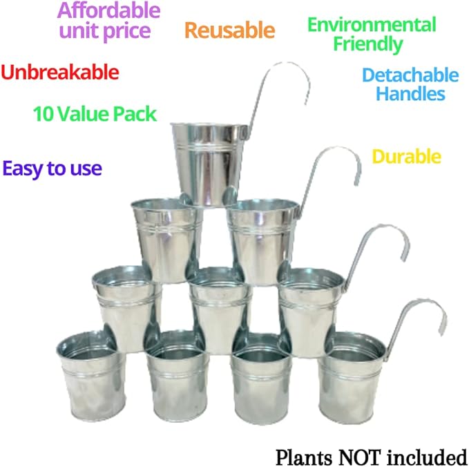 LaLaGreen Fence Planters for Outdoor Plants (10 Pack, 4 Inch) Balcony Planter Railing Hanging, Small Silver Metal Flower Pot Rail Wall Cute Farmhouse Garden Rustic Deck Porch Window Box Bucket Decor L%C3%A1L%C3%A1Green