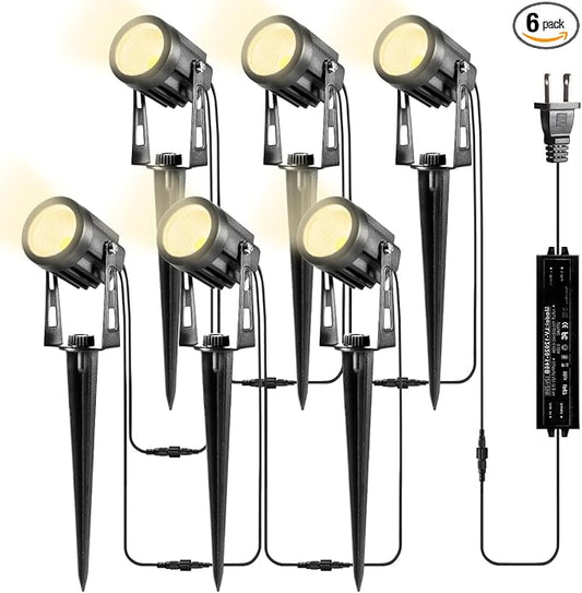Landscape Lighting, 3W 12V Extendable Low Voltage 6 in 1 Landscape Lights with Transformer IP65 Waterproof 1800 Lumen Outdoor Spotlight for Garden Walls Trees Flag Pathway, Warm White GreenClick