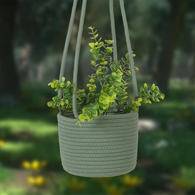 Hanging Planter Basket Jute Rope Woven Plant Hangers Indoor Hanging Plant Holder Up to 7" Pot Macrame Modern Storage Organizer Home Decor (Green) RUIZHIXUAN