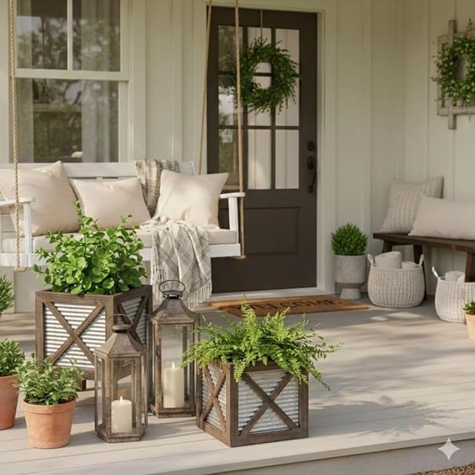 Autumn Alley Farmhouse Front Porch Planters Set of 2 Stand with Galvanized Corrugated Metal Planter for Outdoors/Indoors - Rustic Wood Square Planters Box on Legs – Charming Farmhouse Décor, Brown AutumnAlley