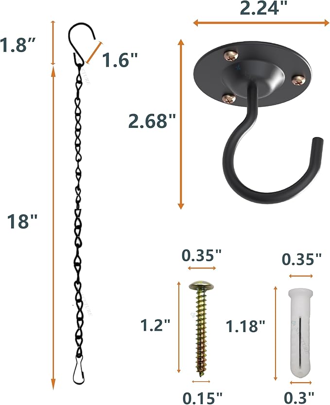 NACETURE Ceiling Hooks for Hanging Plants 3 Pack - Plant Hanger Indoor Hanging Hooks Metal Plant Bracket Iron Lanterns Hangers for Wind Chimes (Black 3 Pack + Chain) NACETURE