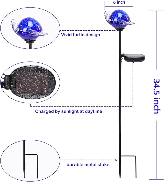 Afirst Decorative Solar Lights Outdoor Solar Turtle Stake Lights Hand Blown Glass Decorative Garden Pathway Light Outdoor Waterproof Glass Stakes Blue Afirst