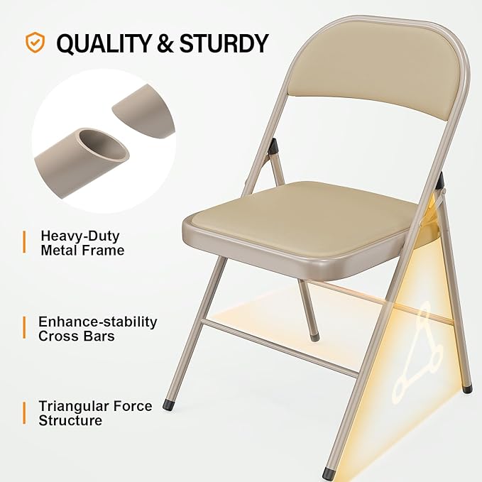 VINGLI 6 Pack Folding Chairs with Padded Seats, Metal Frame with Pu Leather Seat & Back, Capacity 350 lbs, Set of 6, Khaki VINGLI