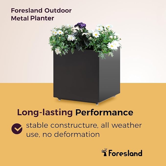 Large Metal Outdoor Planter Box 20Wx20Dx21.5H, Galvanized Steel Cube Planters for Outdoor Plants, Easy Assembly - 5mins Quick Install, Large Square Flower Pot for Patio, Deck, Garden, Yard, Black Foresland-MetalPlanter