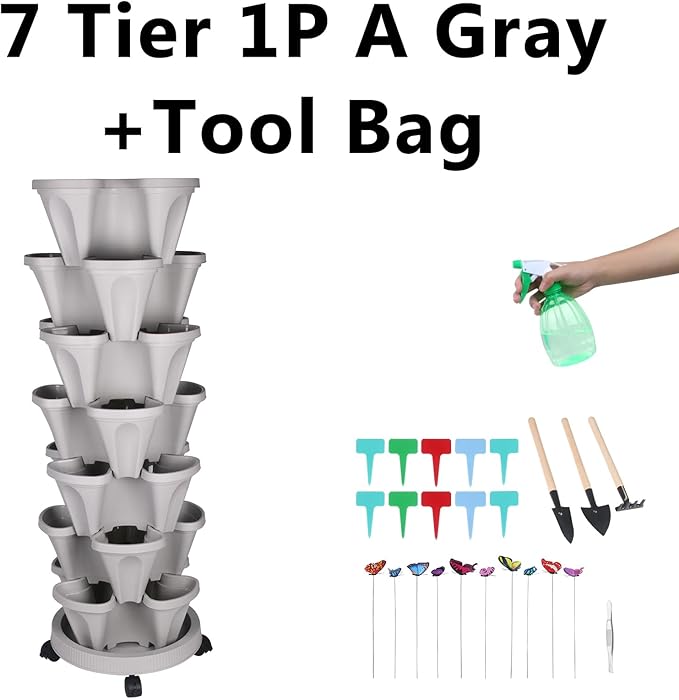 GameXcel Vertical Planter, 7 Tier Stackable Strawberry Planter with Garden Tool Set, Movable Indoor/Outdoor Garden Herb Pot for Growing Vegetables and Succulents, Gray GameXcel