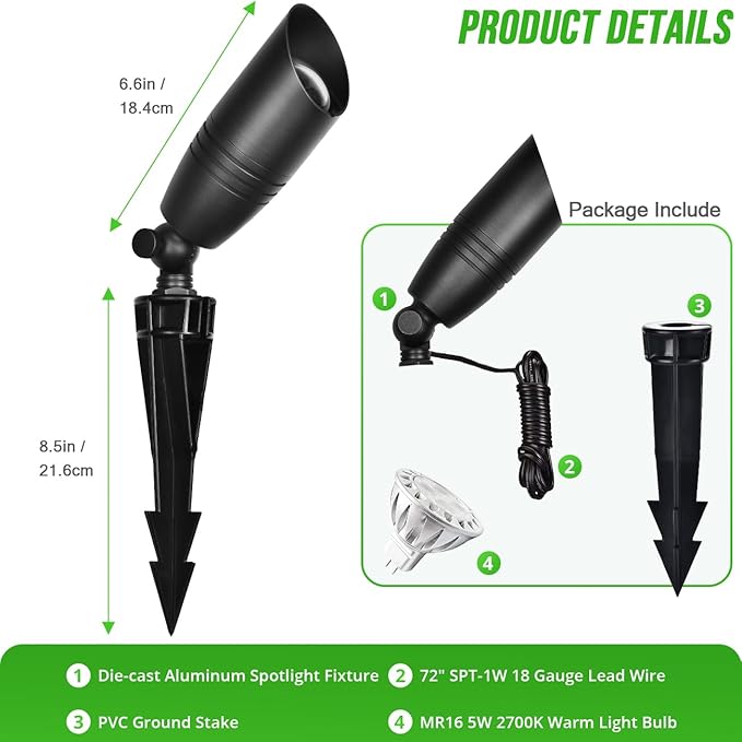 wowlite Low Voltage Spot Lights Outdoor LED 4 Pack, Die-cast Aluminum Landscape Spotlights, Waterproof Black Uplights with MR16 Bulbs Ground Stake for Garden Courtyard Pathway wowlite