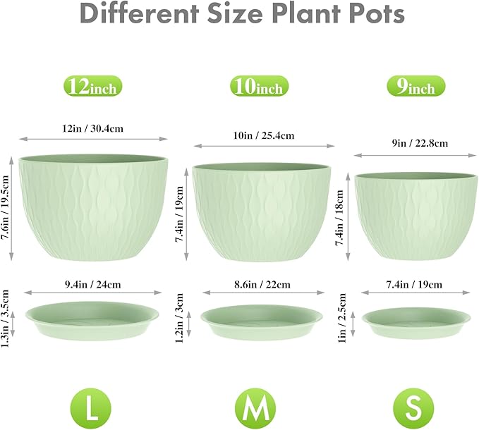 Large Flower Pots 12/10/9 inch, 3 Set Wide Plant Pots for Outdoor Indoor Plants with Water Ripples, Big Plastic Planters with Drainage Holes and Saucers for Garden House Plants, Green Meowell