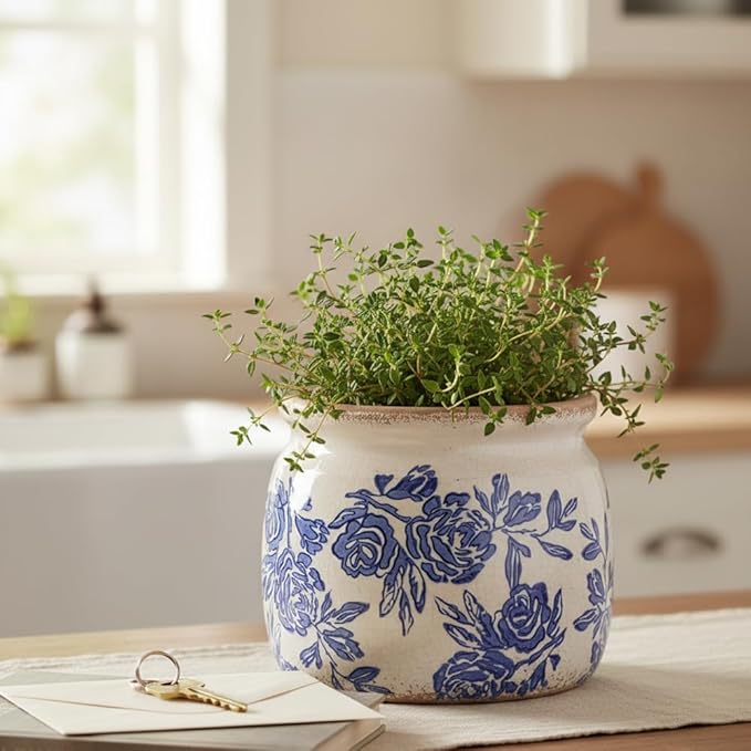 Chinoiserie Ceramic Plant Pot for Garden Decor, 6.29in Rustic Farmhouse Planter with Drainage Hole for House Plants, Blue and White Vase for Centerpiece, Kitchen & Office Decoration, Plant Lover Gifts XiaanJiaju