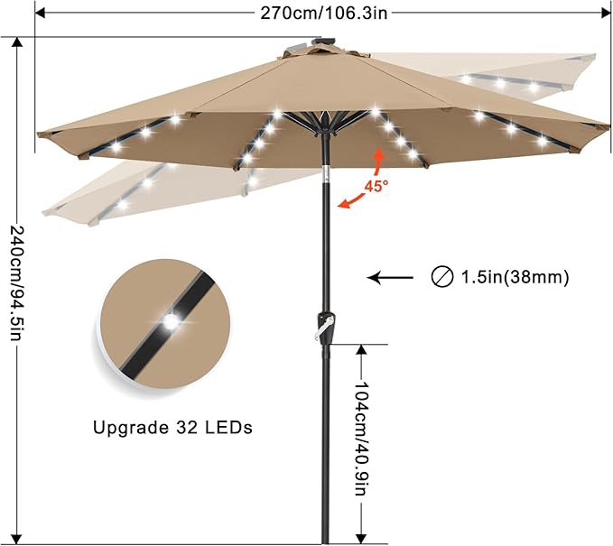ABCCANOPY Durable Solar Led Patio Umbrellas with 32LED Lights 9FT (khaki) ABCCANOPY