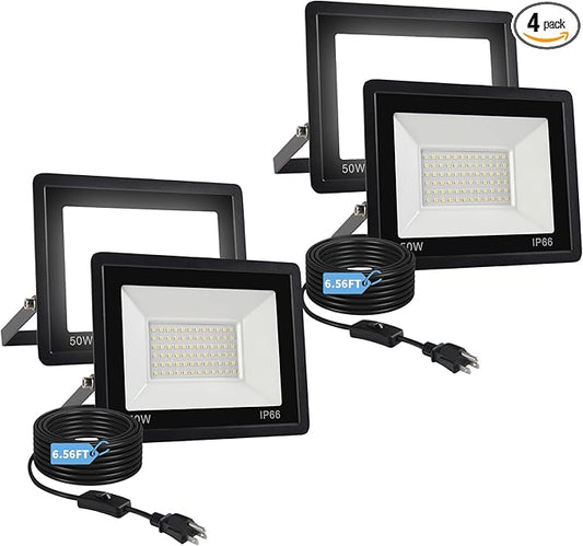 50W Flood Lights Outdoor,8000LM Bright LED Work Light,IP66 Waterproof Outside Lights for Yard with Switch and 6.5FT Plug,6500K Daylight White Outdoor Yard Light for Garage,Garden,Stadium(4Pack) Rootora