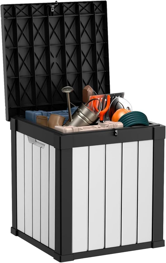 EasyUp 50 Gallon Deck Box Outdoor Storage Box for Patio Furniture,Outdoor Cushions,Garden Tools and Pool Supplies,Waterproof,Resin（Black&White） EASYUP