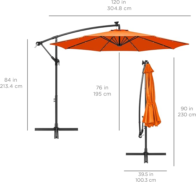 Best Choice Products 10ft Solar LED Offset Cantilever Hanging Market Patio Umbrella, 8 Sturdy Ribs, Easy Adjustment - Orange BestChoiceProducts