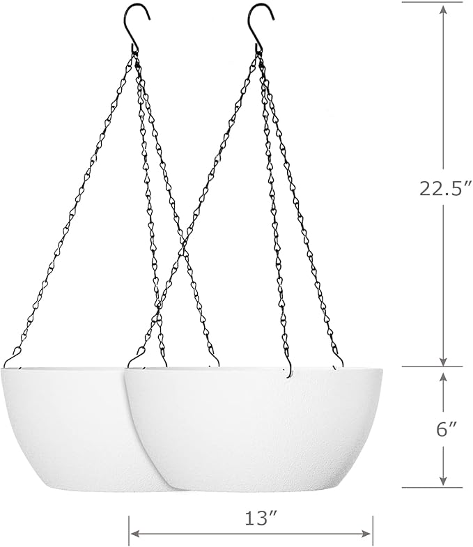 13 inch Large Hanging Planters Plant Pots for Outdoor Indoor Plants with Drainage Holes and Chain, 2 Pack Round Hanging Flower Pots for Garden Home Porch Decor, White WSMKSZ