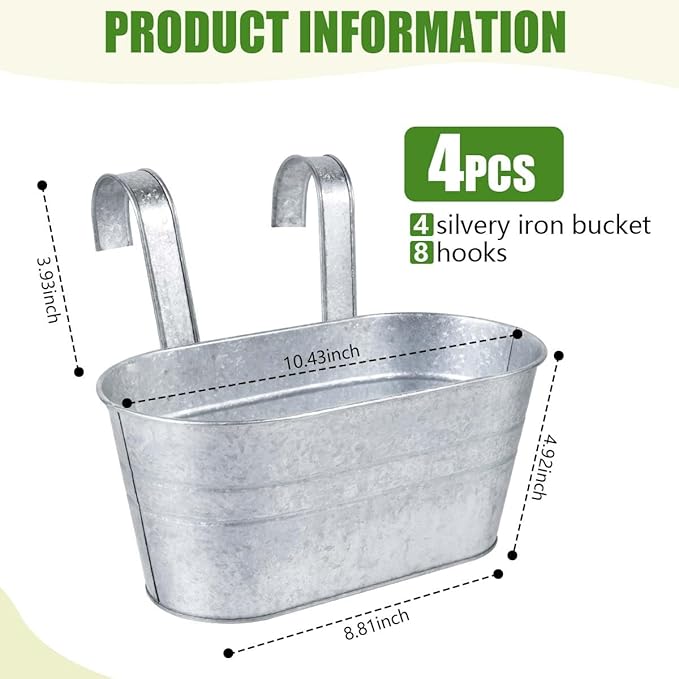 OBTANIM 4 Pack Metal Hanging Flower Pots Iron Railing Planter Outdoor Fence Hanging Pots Bucket Plant Holder with Detachable Hooks Drain Holes for Home Garden Yard Decor (Silvery) OBTANIM