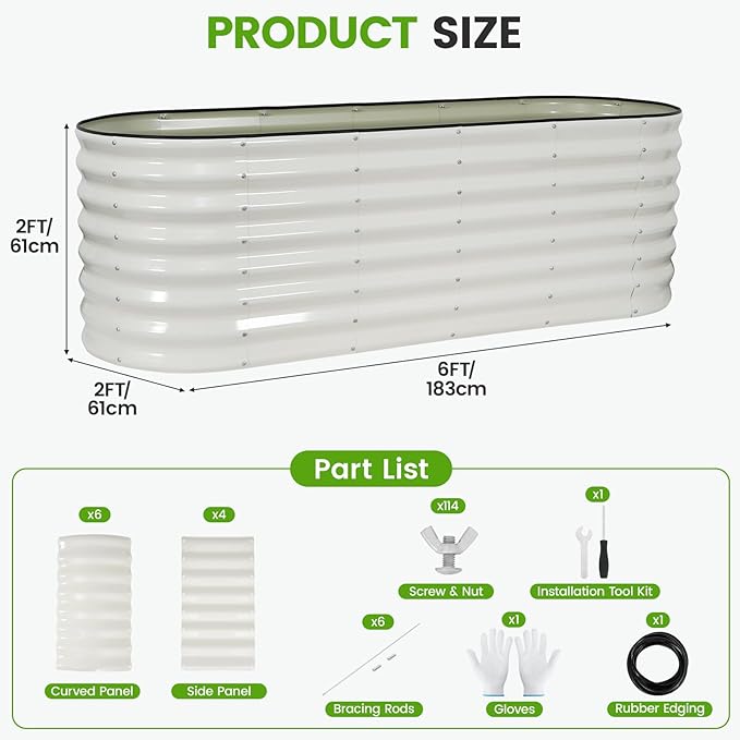 Galvanized Raised Garden Bed Outdoor 24'' Deep | Oval Metal Garden Beds with Easy Assembly & Planter Box for Planting Deep Root Vegetables Fruits Flowers, 6x2x2ft White Rootora