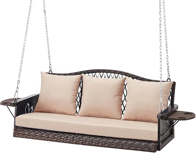 Upgraded Wicker Hanging Porch Swing Heavy Duty 900lbs 3-Seat Outdoor Patio Swing Chair Bench for Adult w/ 8.9ft Hanging Chains Cushions and Cup Holder zzw