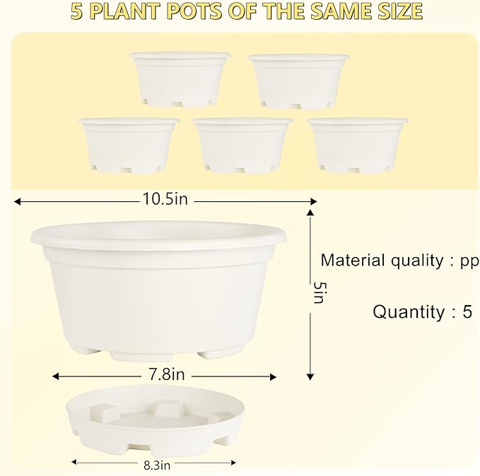 5 Pack 10.5 inch Plant Pots,Planter-Pots-for-Plants，Plastic Flower Pot for Indoor Outdoor Plants with Drainage Holes & Trays, Decorative Garden Containers Sets for Houseplants KPUVX