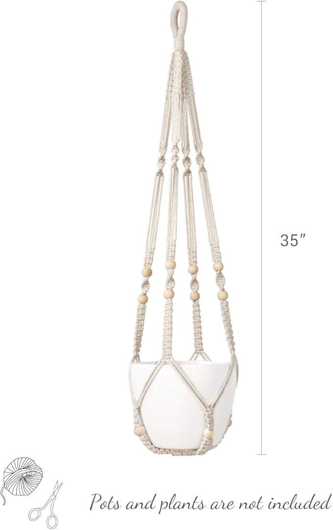 Mkono Macrame Plant Hanger Indoor Hanging Planter Basket with Wood Beads Decorative Flower Pot Holder No Tassels for Indoor Outdoor Boho Home Decor 35 Inch, Ivory, Set of 2 (POTS NOT Included) Mkono
