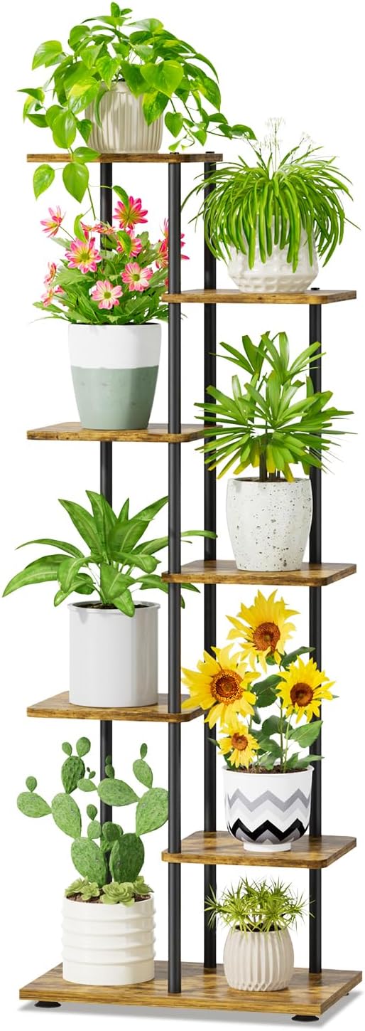 iDavosic.ly 6 Tier Tall Plant Stand Indoor, Tiered Corner Metal Wood Multiple Flower Holder Shelf, 50 Inch Orchid Display Rack for Patio Porch Living Room Balcony Outdoor, Modern Black & Rustic Brown iDavosicly