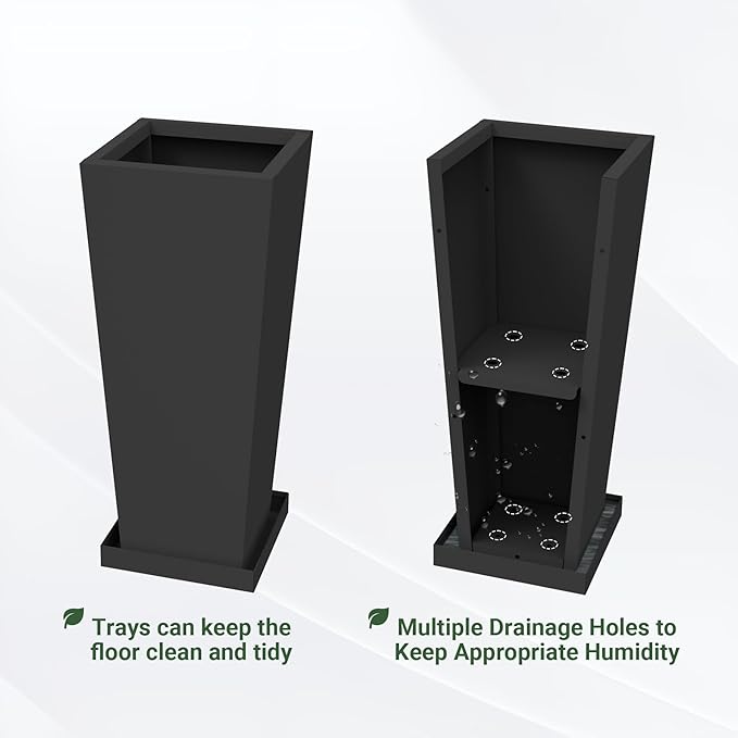 Tall Outdoor Planters Set of 2, 24 inch Tall Planters for Outdoor and Indoor, Metal Tapered Pots with Drainage Holes & Insert Shelves & Trays for Porch, Garden, Patio, Yard Toriexon