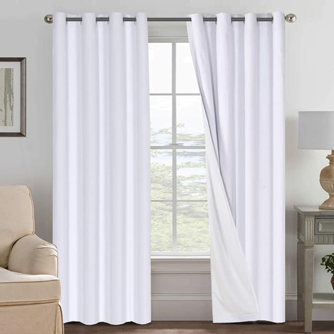 H.VERSAILTEX Linen Blackout Curtains 84 Inches Long 100% Blackout Thermal Insulated Textured Linen Look Curtain Draperies Anti-Rust Grommet, Energy Saving with White Liner, 2 Panels, Bright White HVERSAILTEX