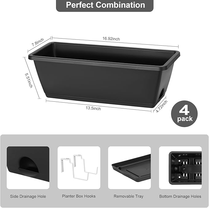 smusei Railing Planter Box 4 Pack Window Boxes Planters with Flower Box Brackets, 17’’ Rectangle Balcony Deck Railing Hanging Planters for Outdoor Fence Garden Patio Plants smusei