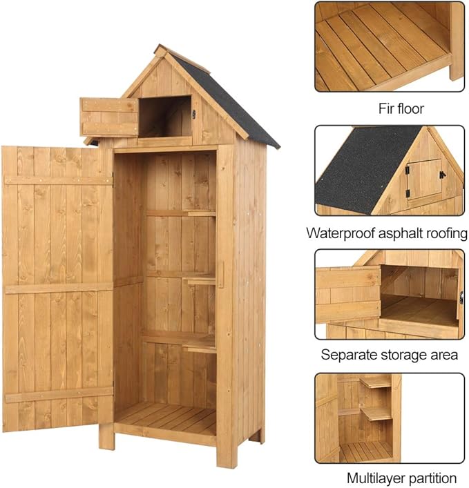 Outvita Outdoor Storage Cabinet, 70in Wooden Vertical Garden Tools Shed, Patio Storage Organizer with Latch & Waterproof Roof for Yard Deck Lawn Farmland Equipment(Natural) Outvita