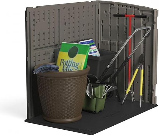 Suncast 34 Cu Ft Horizontal Resin Storage Shed - Outdoor Storage Shed with Floor Included, Lockable, Weatherproof, Fits Small to Medium Trash Cans, Generators, & Garden Tools, Stoney Black Suncast