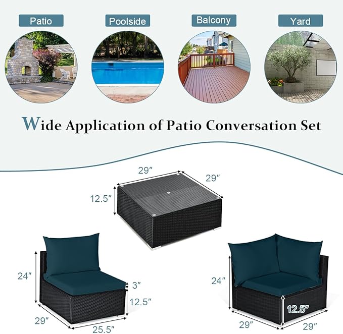 Tangkula 7 Piece Patio Furniture Set, Outdoor Wicker Sectional Sofa with Pillows and Cushions, and Coffee Table, Patio Conversation Set for Garden, Lawn (Peacock Blue) TANGKULA