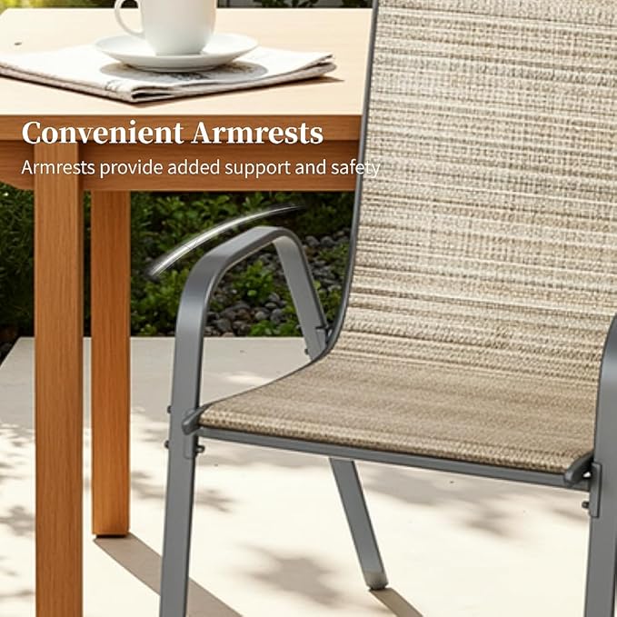 MAMIZO Patio Dining Chairs, Stackable All Weather Teslin Chair, Heavy Duty Outdoor Breathable Chairs Set, w/Armrests, Upgraded Chair FeetW/Strenthened Iron Spacers, 330 LBS (6, Brown) MAMIZO